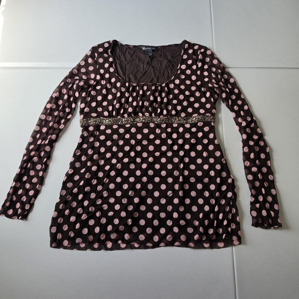 Y2K Whimsigoth Fairy INC Blouse Womens L Brown Polka Dot Beaded Sequin